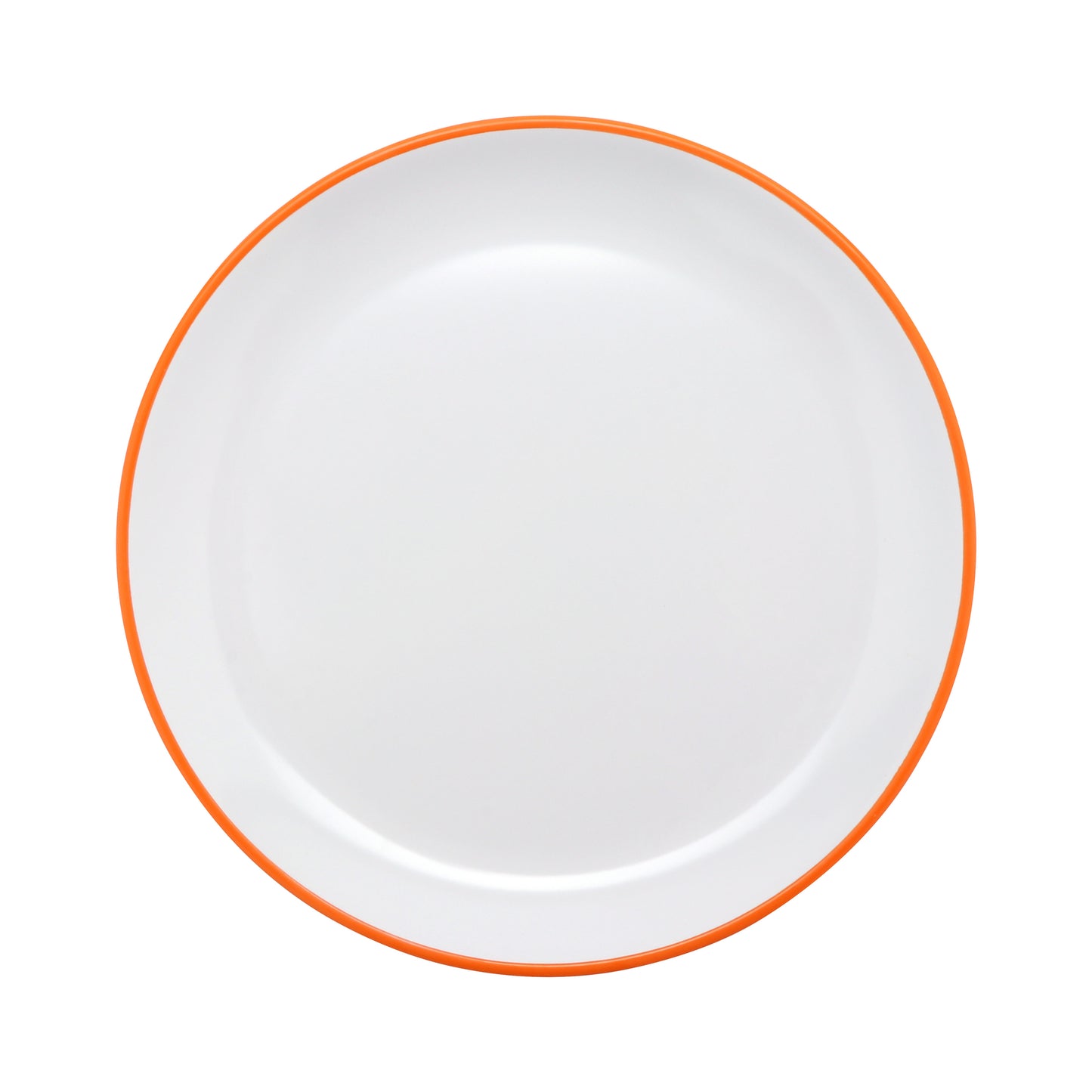 10.5" White Base with Orange Trim, Melamine Round Dinner Plate, G.E.T. Settlement Oasis (12 Pack)