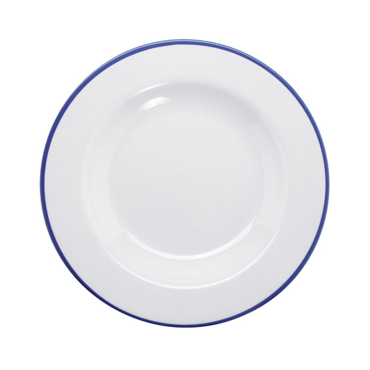 24 oz. White with Blue Trim, Enamelware Melamine Large Salad, Pasta, Soup Bowl, 28 oz. rim-full, 11" Dia., 1.25" deep, G.E.T. Settlement Bistro (12 Pack)