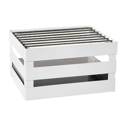 Half Size Metal Crate Frame, 14.5" x 11.75", 8.25" tall. Includes a Stainless Steel Grill and a Riser for Butane Burner