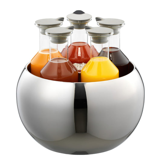 5-Carafe Hammered Stainless Steel Beverage Tub Set. Includes Double Wall Stainless Steel Tub with Removable Stainless Steel Crushed Ice Tube, 5 Tritan Plastic Carafes (1.3 qt. / 1.2L ea.) with Stainless Steel Lids. 13.8" dia., 12.6" tall w/ Carafes, FRILI