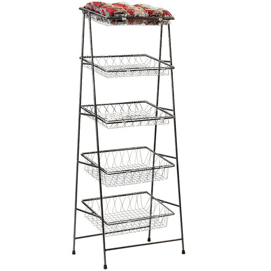 Five Tier Merchandising Rack w/o Top Crossbar, 21.5"W x 14"D x 57"H, all five shelves tilted, powder coated iron, matte metal gray, fits baskets and trays, IR-903, IR-904, BAMTRY-01, BAMTRY-02, WB-954, WB-1812WD, WB-1814WD, G.E.T. Retail Merchandising Sta