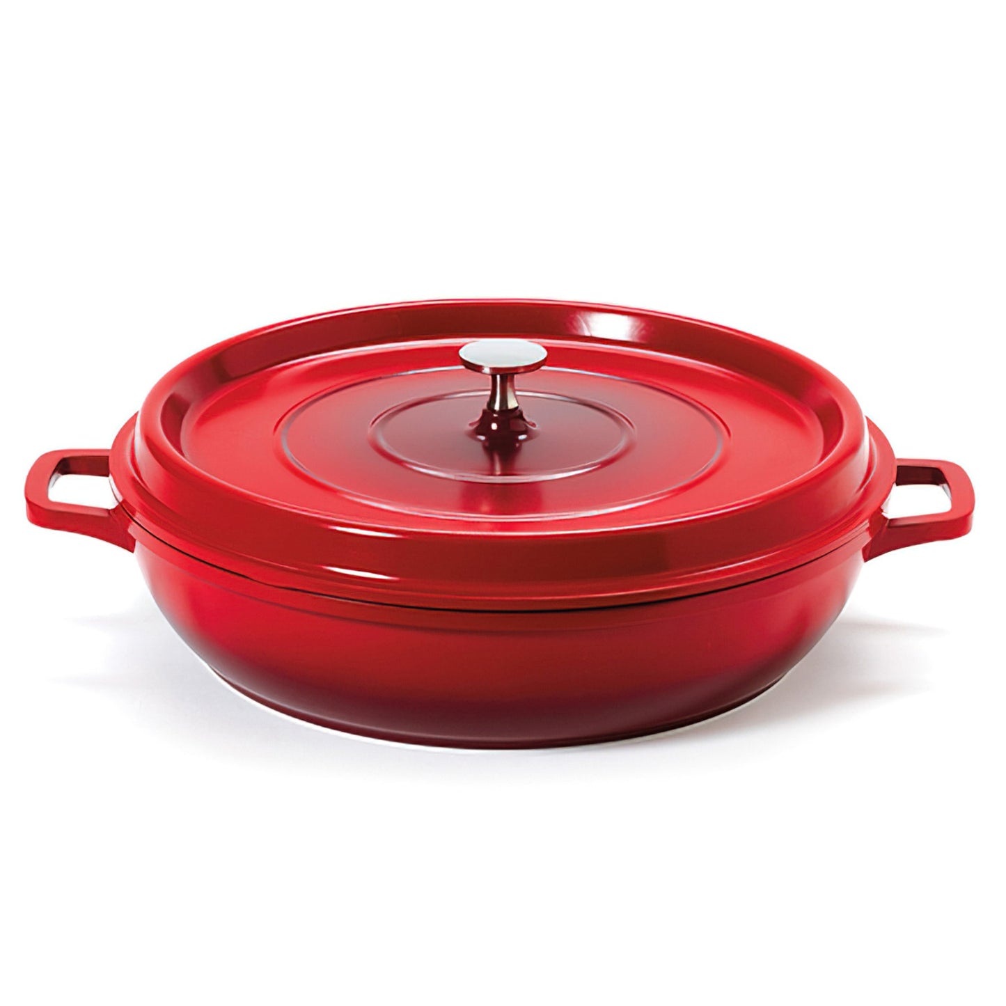7.5 qt. Cast Aluminum, Red with Clear Coat and Black Interior, Induction Ready Round Braiser with Lid, (8 qt. rim-full), 14.74" Top Dia., (17.96" Top Dia. with Handles), 5.2" Tall with Lid, 3.17" Deep, G.E.T. Heiss
