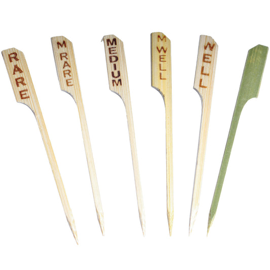 Medium Well Bamboo Steak Marker, Length: 3 1/2", Width: 3.0mm, Gauge: 2.8mm, Width of Head: 1cm, 100 bags per Case.