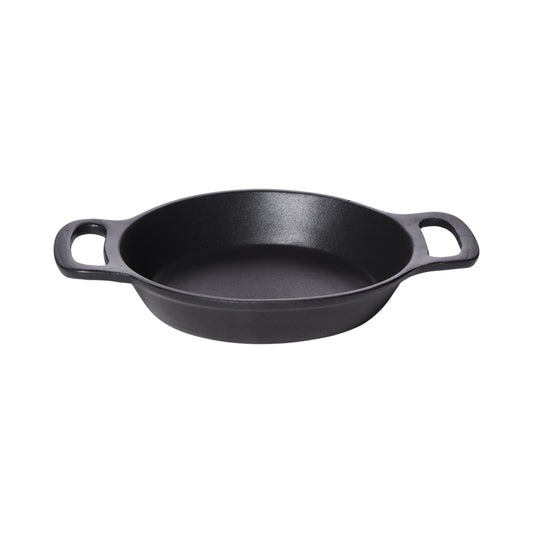 14 oz Cast Aluminum Round Server, 6.03" Dia. x 1.09" H Serving Area, 8.77" L x 6.37" W x 1.37" H with handles, Black Cast Aluminum, Heiss, Tabletop