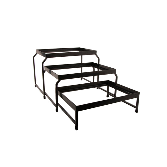 Set of 3 nesting stands, Gun metal grey , largest stand 14 1/8" x 9 3/8" x 9 3/4" , middle stand 13 1/4" x 9 1/8" x 6 3/4" , small stand 12 1/4" x 9 1/4" x 3 3/4"