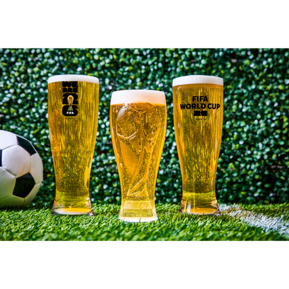 16 oz (18 oz. Rim-Full), 3.33" Pilsner, 7.75" H., 3D World Cup Logo, 24 per case