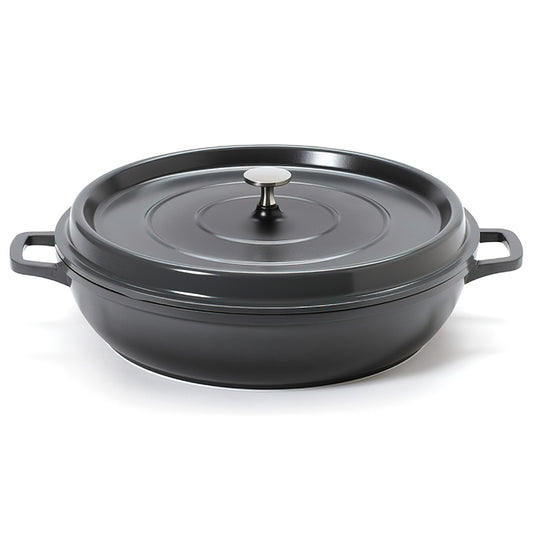 7.5 qt. Cast Aluminum, Grey with Clear Coat and Black Interior, Induction Ready Round Braiser with Lid, (8 qt. rim-full), 14.74" Top Dia., (17.96" Top Dia. with Handles), 5.2" Tall with Lid, 3.17" Deep, G.E.T. Heiss