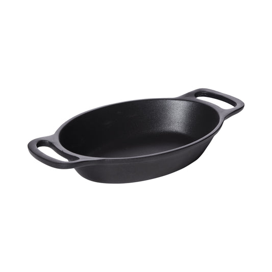 16 oz Cast Aluminum Oval Server,  7.125" L " x 5.125" W x 1.3" H Serving Area, 9.88" L x 5.47" W x 1.58" H with handles, Black Cast Aluminum, Heiss, Tabletop