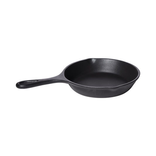 20 oz (25 oz Rim-Full) Round Aluminum Skillet, 7.22" Dia. X 1.26" H Serving Area, 11.8" L x 7.70" W with Handles, Black Cast Aluminum, Heiss, Tabletop