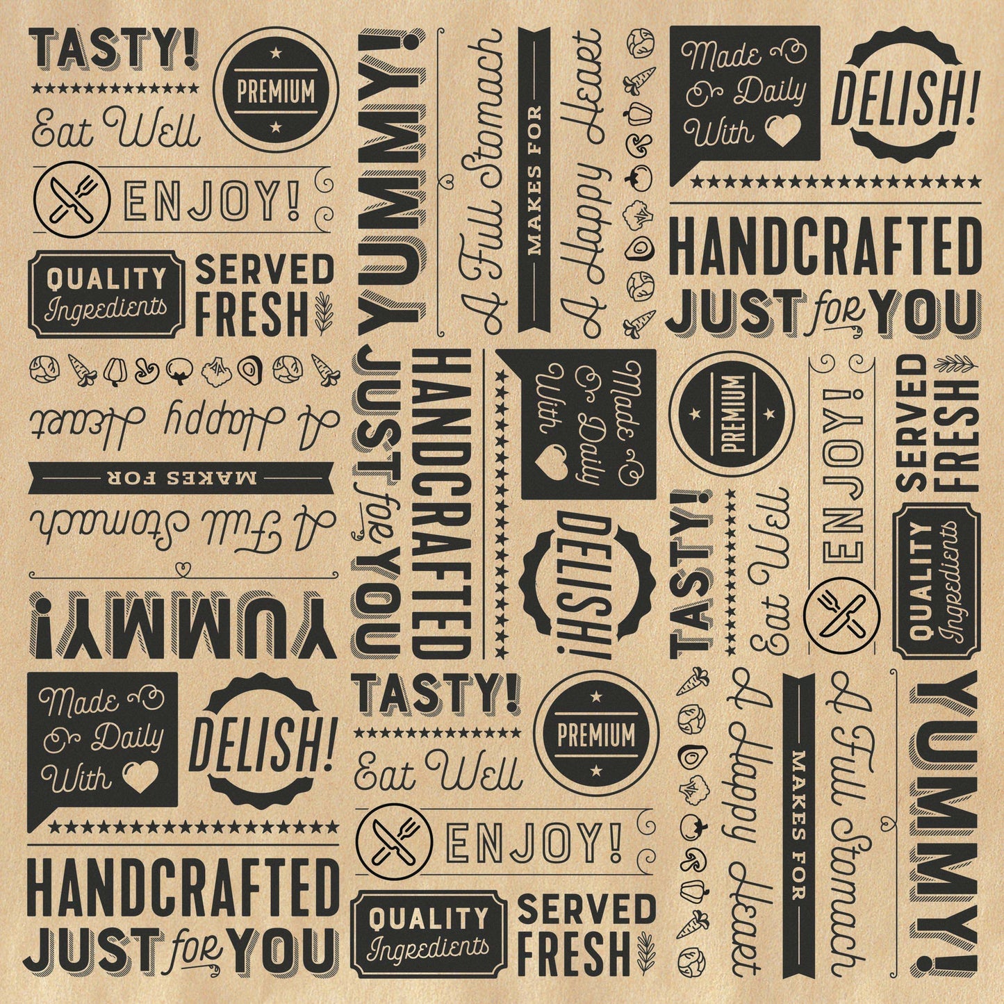 12" x 12" Grease-Resistant Food-Safe Sandwich Wrap Paper / Deli Wrap Paper / Generic Typography Theme on Brown Paper with Black Ink, 1000 pieces./cs.