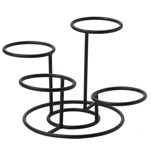 4 ring black bowl stand ,gage on entire stand 8 mm, ring interior diam 10.5 cm,ring heights 3" , 4 3/4", 6", 7 3/4",black powder coat,round base od 23 cm