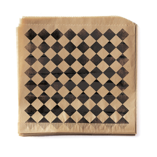 7" x 7" Food-Safe Double-Open Bag / Wire Cone Basket Liner / Rustic Black Checker on Brown Paper, 2000 pieces./cs.
