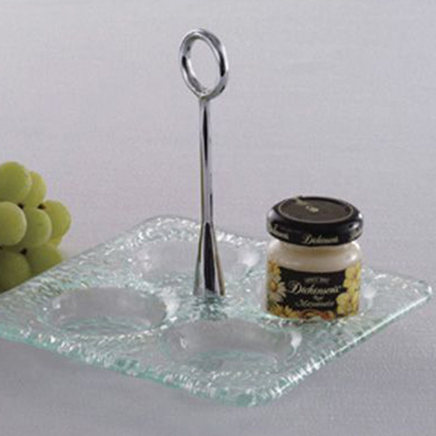 6" Square Jelly Jar Dish, Glass Base with Chrome Plated Handle (Top of Dish 3/4" H, Top of Handle 5 3/4" H)