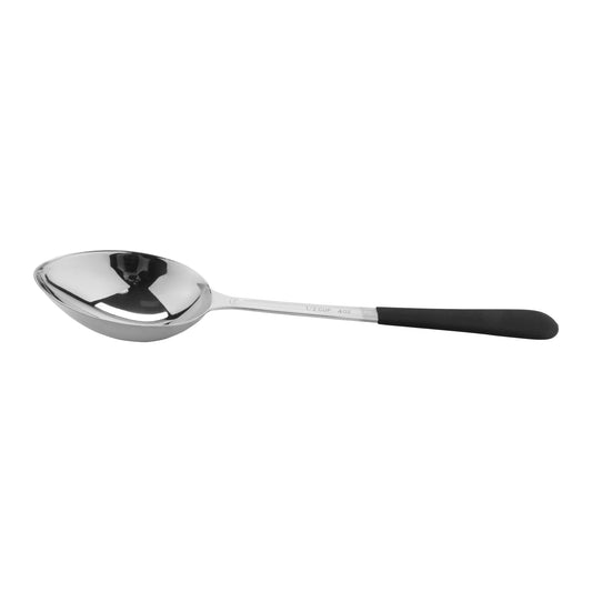 12.75" portion control solid bowl spoon WITH TEXTURED BLACK PLASTIC DIPPED HANDLE. 4 oz ,  96@ per master carton, 6@ per inner carton,